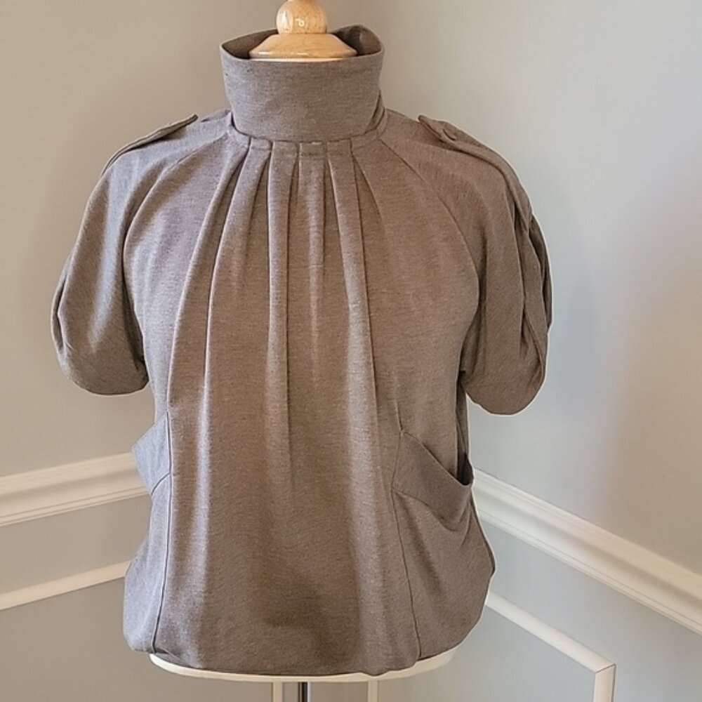 ZARA Brown Gray Heathered Pleated High Button Collar Pockets Keyhole Knit‎ Top M